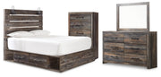 Drystan Queen Panel Bed with Storage, Dresser, Mirror and Chest