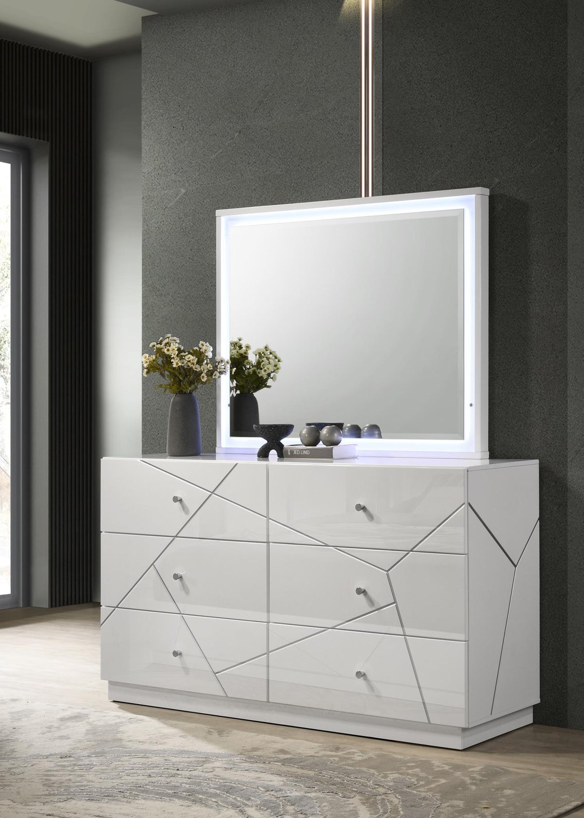 White/Gray Line King Bed