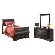 Huey Vineyard Twin Sleigh Bed with Mirroed Dresser and Nightstand