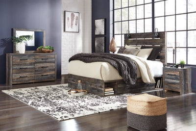 Drystan Queen Panel Bed with Storage, Dresser and Mirror