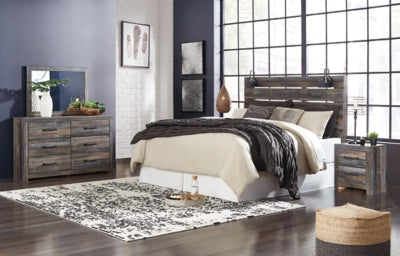 Drystan King Panel Headboard with Metal Frame, Dresser, Mirror, and Nightstand