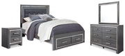 Lodanna Queen Upholstered Panel Storage Bed, Dresser, Mirror, and Nightstand