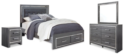 Lodanna Queen Upholstered Panel Storage Bed, Dresser, Mirror, and Nightstand
