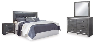 Lodanna King Upholstered Panel Headboard, Dresser, Mirror, and Nightstand