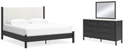 Cadmori King Upholstered Panel Bed, Dresser and Mirror