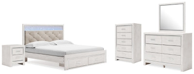 Altyra King Upholstered Storage Bed, Dresser, Mirror, Chest, and Nightstand