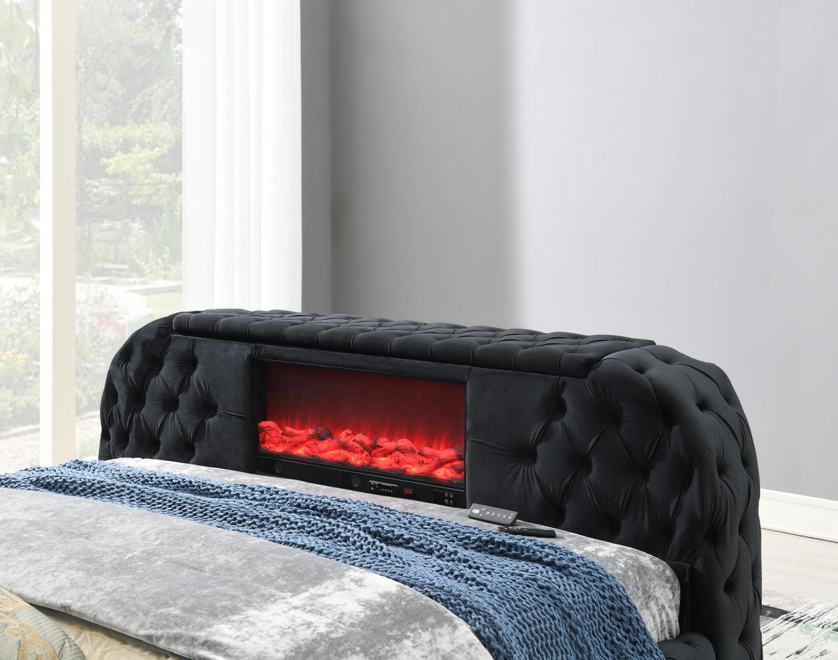 Black Velvet Bed with Fireplace, TV Mount & Bluetooth Speaker & USB
