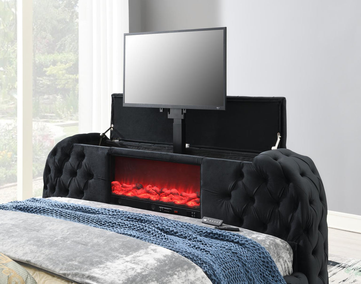 Black Velvet Bed with Fireplace, TV Mount & Bluetooth Speaker & USB