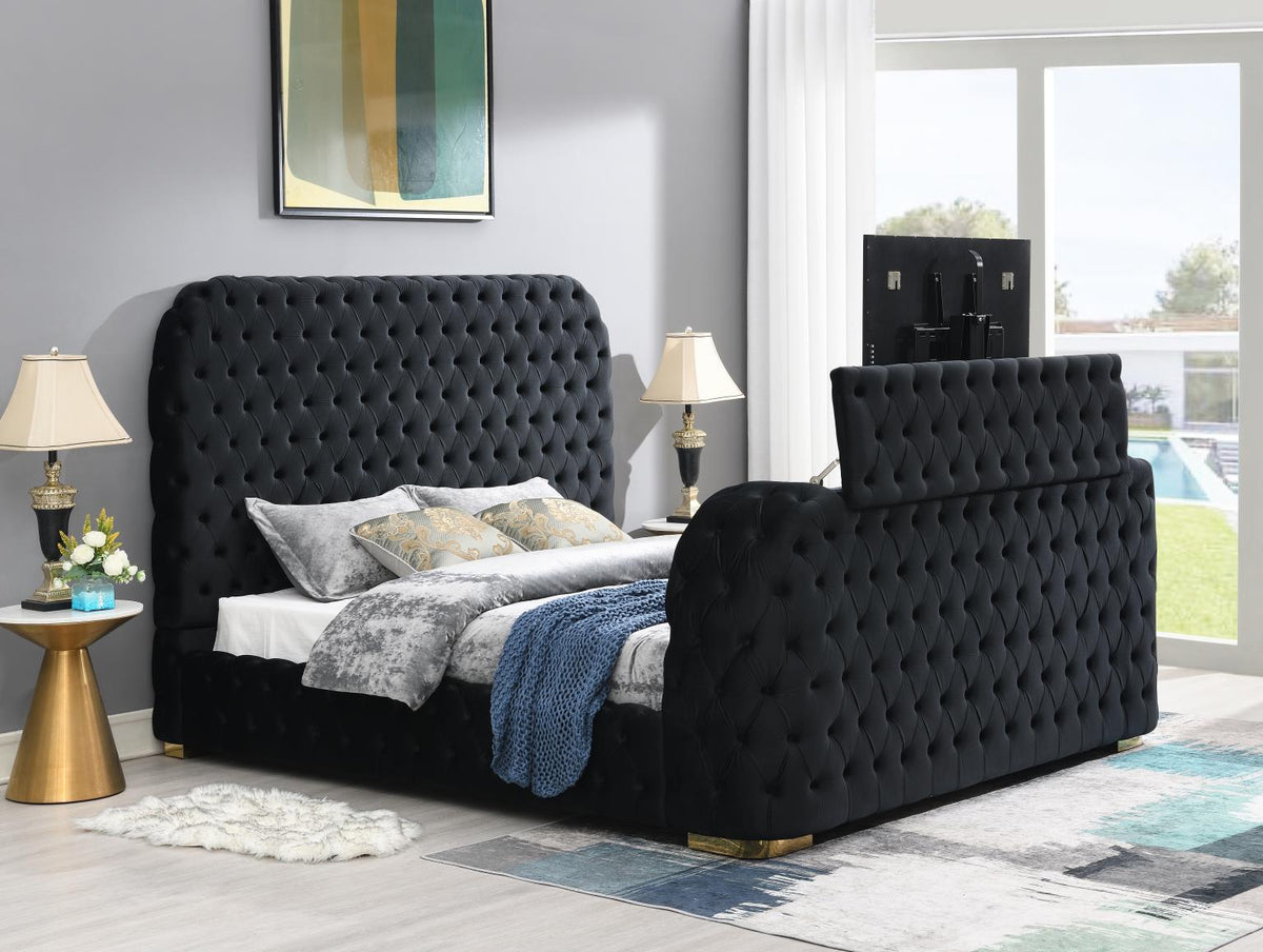 Black Velvet Bed with Fireplace, TV Mount & Bluetooth Speaker & USB