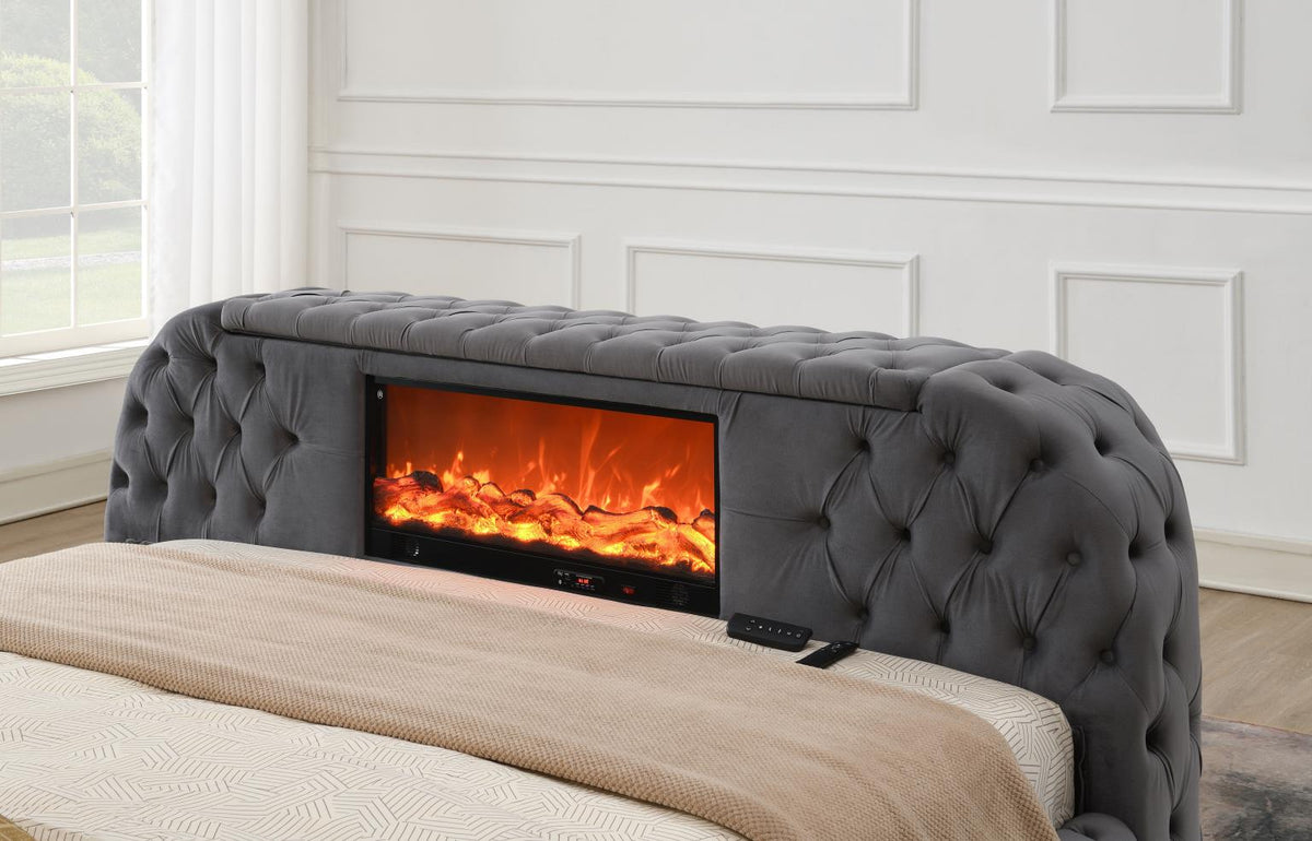 Gray Velvet Bed with Fireplace, TV Mount & Bluetooth Speaker & USB