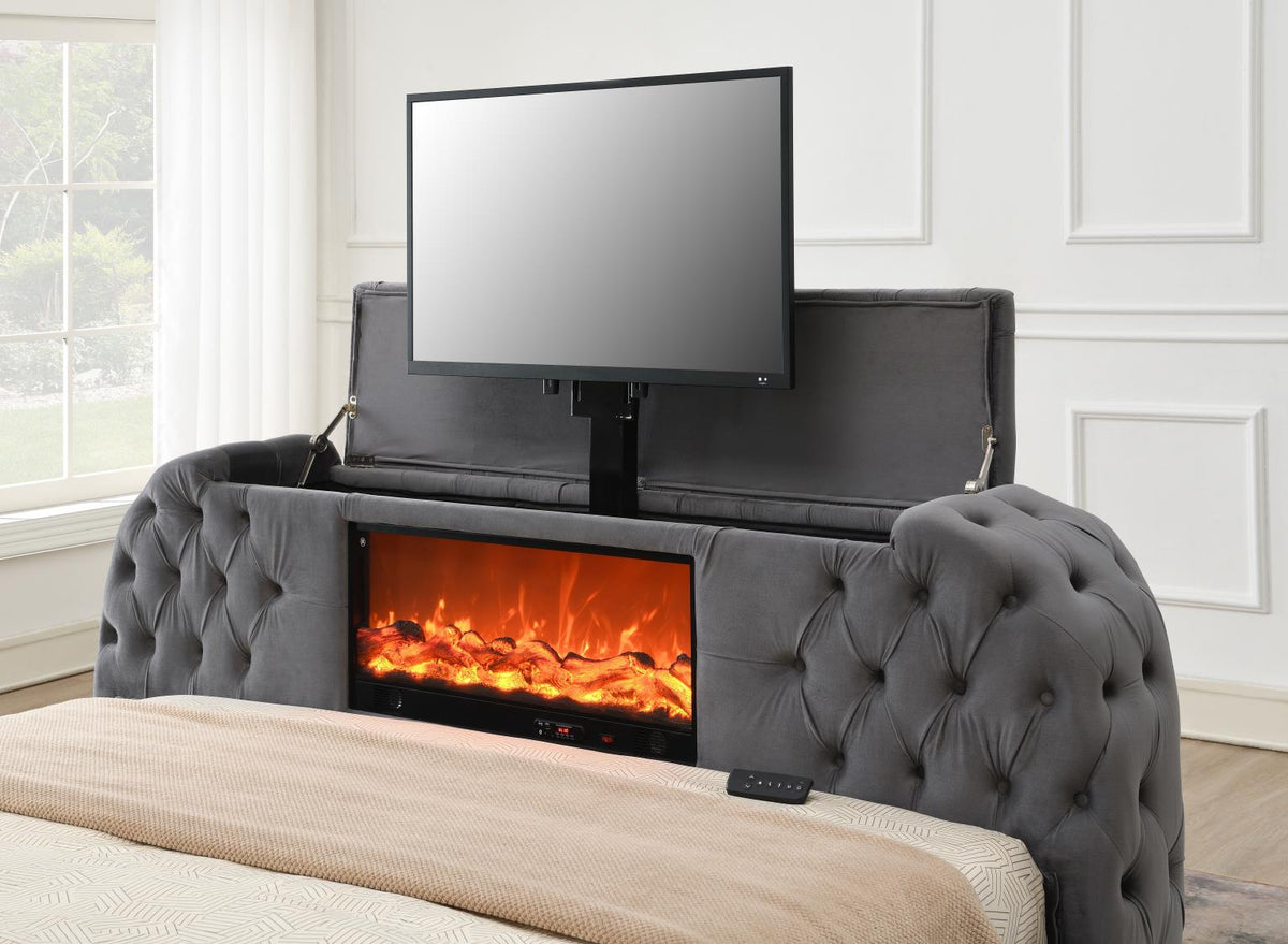 Gray Velvet Bed with Fireplace, TV Mount & Bluetooth Speaker & USB