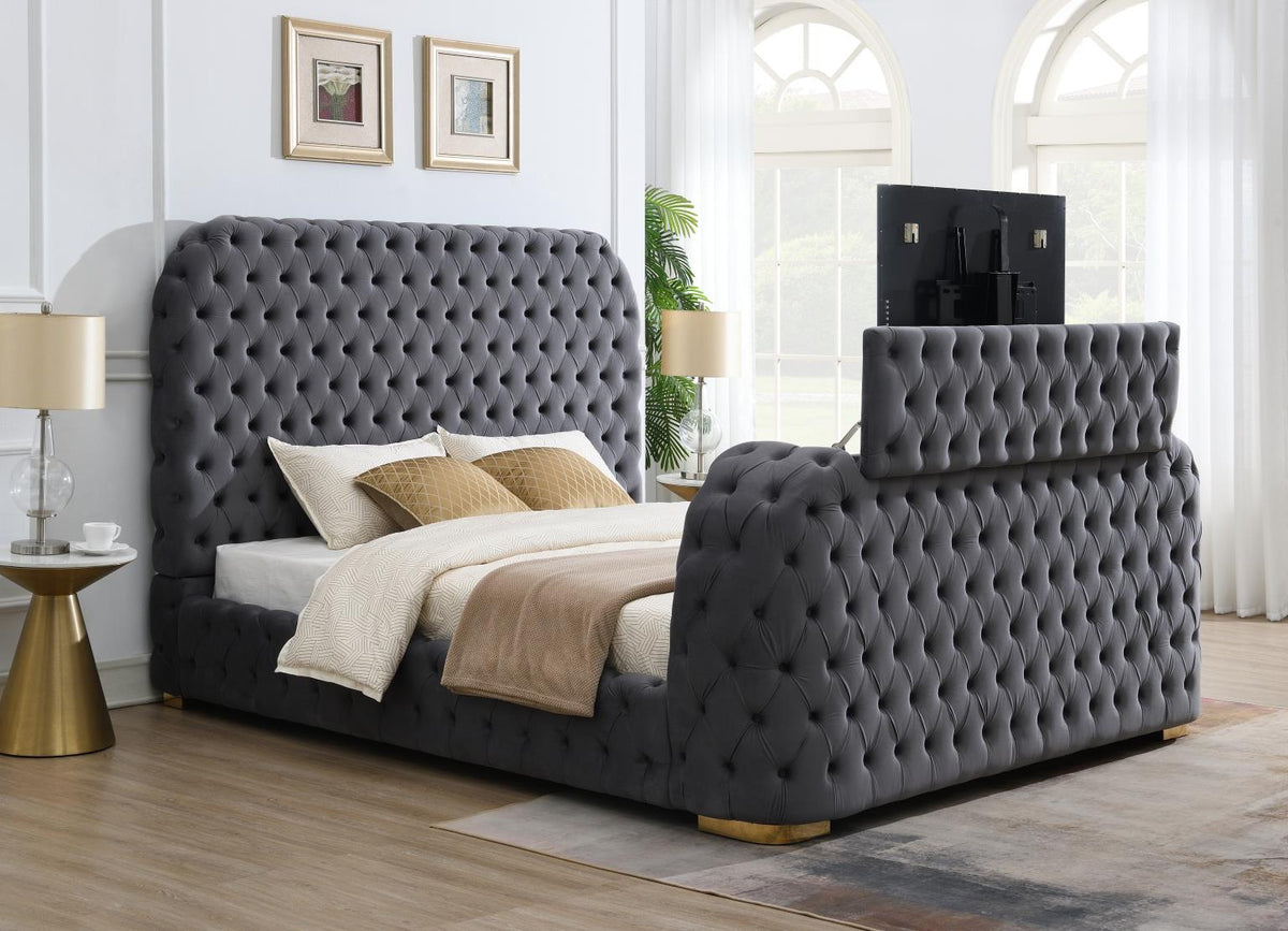 Gray Velvet Bed with Fireplace, TV Mount & Bluetooth Speaker & USB