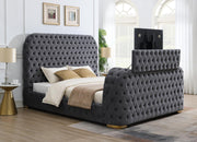 Gray Velvet Bed with Fireplace, TV Mount & Bluetooth Speaker & USB