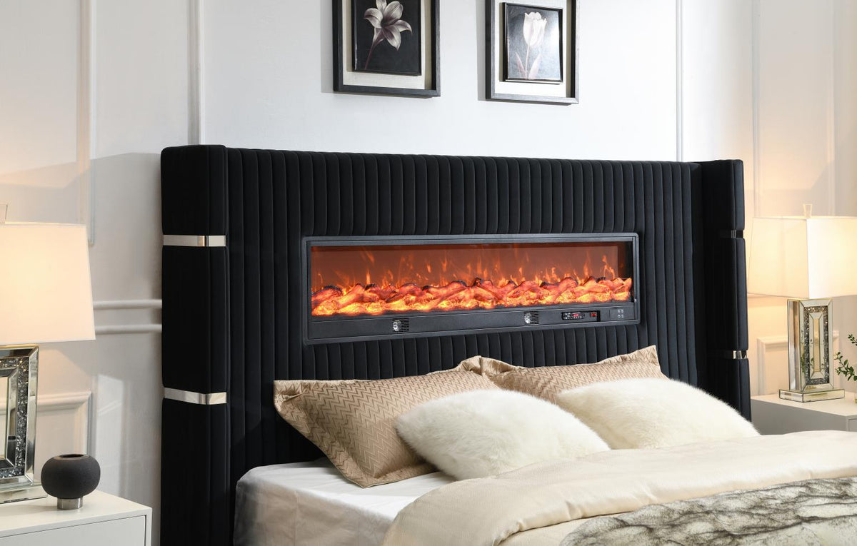 Black Velvet Bed with Fireplace & Bluetooth Speaker & USB