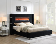 Black Velvet Bed with Fireplace & Bluetooth Speaker & USB