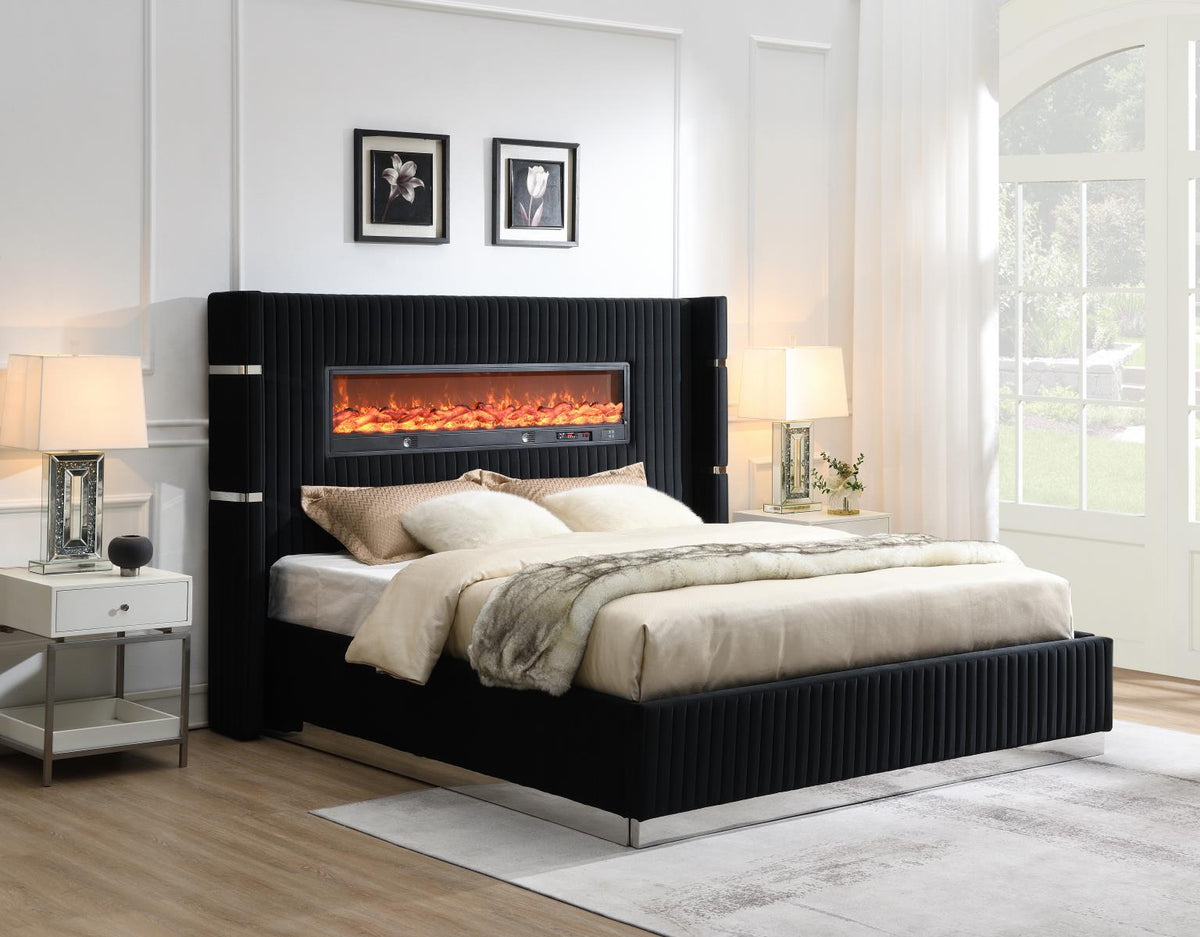 Black Velvet Bed with Fireplace & Bluetooth Speaker & USB