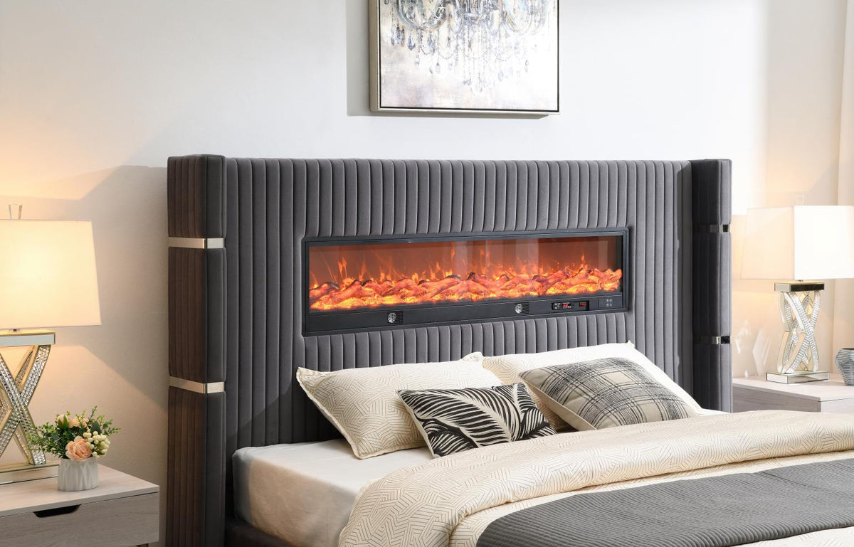 Gray Velvet Bed with Fireplace & Bluetooth Speaker & USB