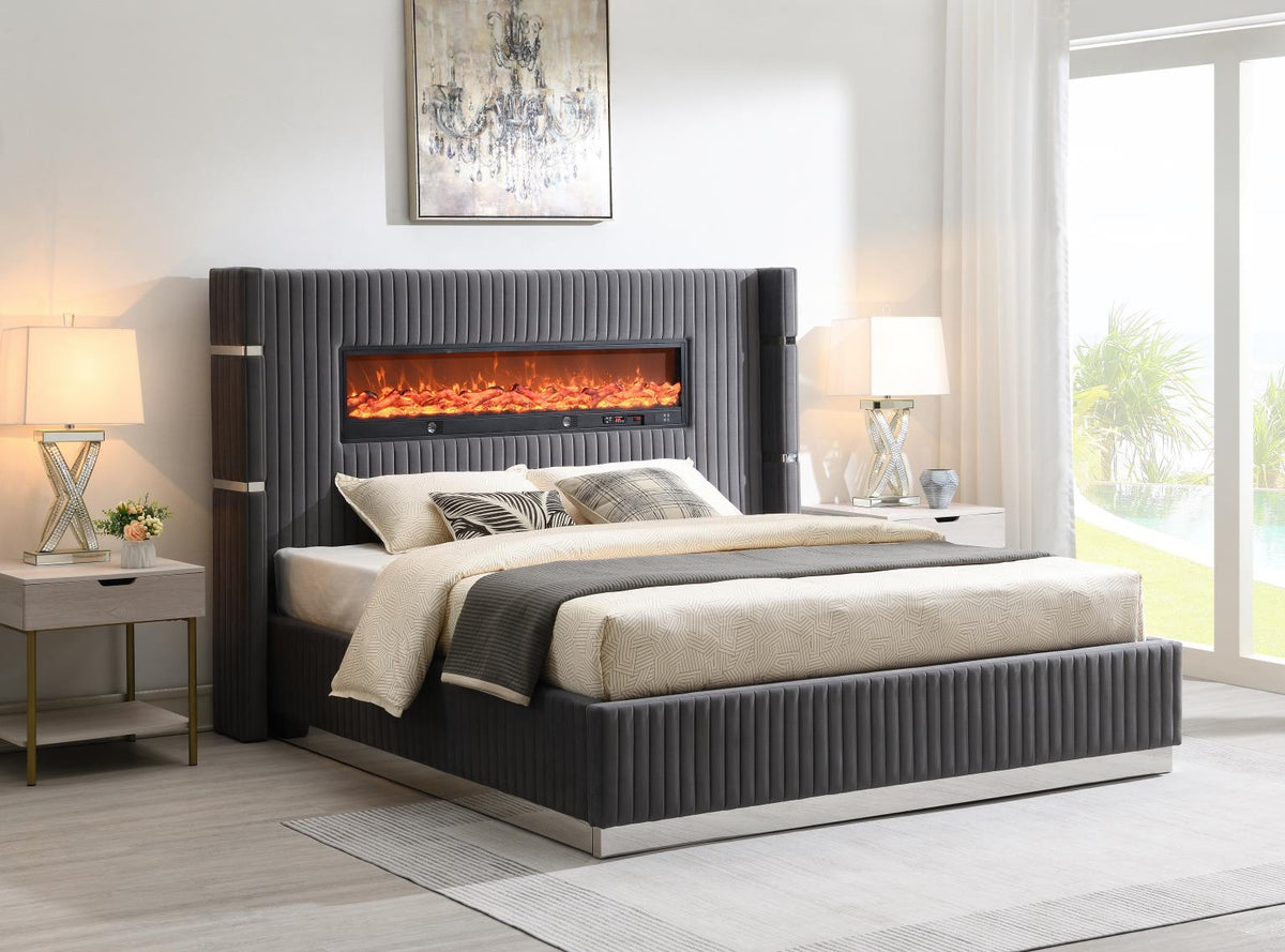 Gray Velvet Bed with Fireplace & Bluetooth Speaker & USB