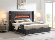 Gray Velvet Bed with Fireplace & Bluetooth Speaker & USB