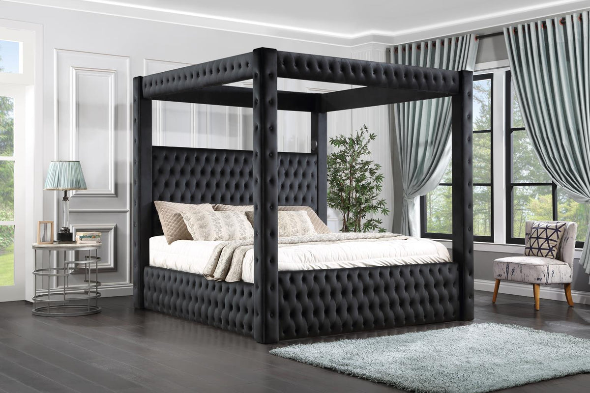 Black Velvet Canopy Bed with Bluetooth Speaker & USB