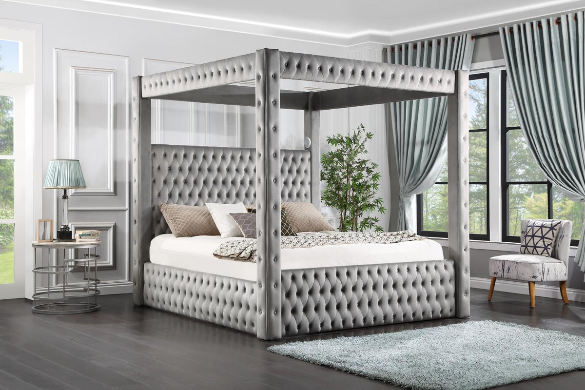 Gray Velvet Canopy Bed with Bluetooth Speaker & USB