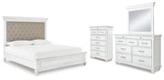 Kanwyn Cal King Upholstered Panel Bed, Dresser, Mirror and Chest