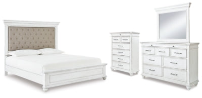 Kanwyn Cal King Upholstered Panel Bed, Dresser, Mirror and Chest
