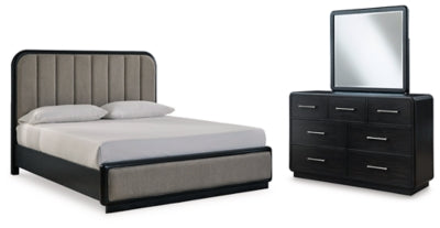 Rowanbeck California King Upholstered Panel Bed, Dresser and Mirror