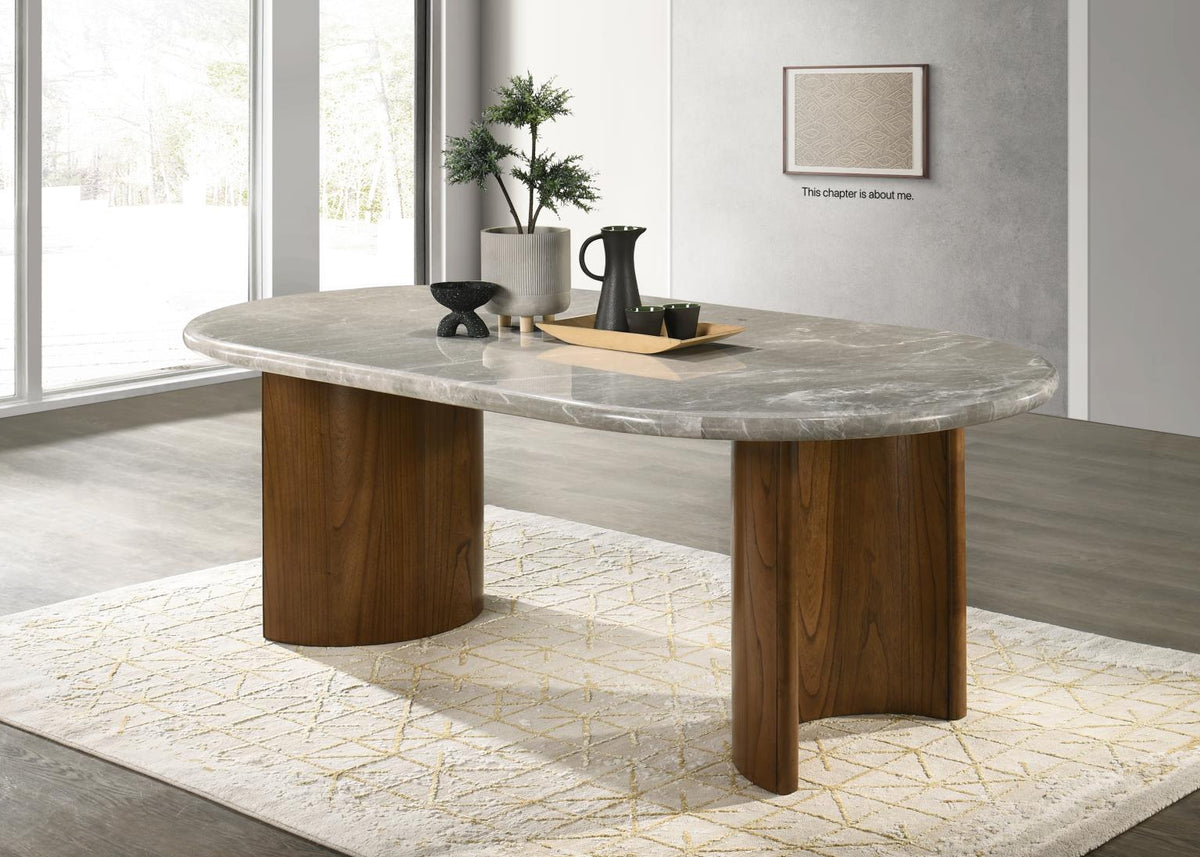 Dark Walnut Rectangular Dining Table, Top Color: Pandpra Marble