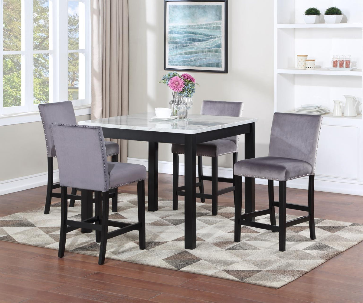 White Marble Dining Table with 4 Gray Velvet Chairs