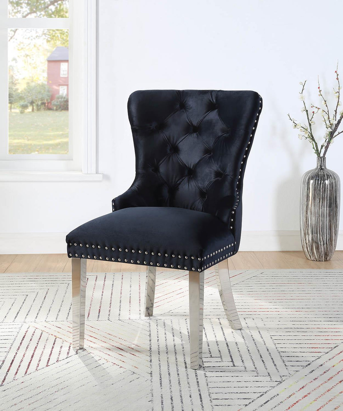Black Velvet Dining Side Chair with Chrome Legs