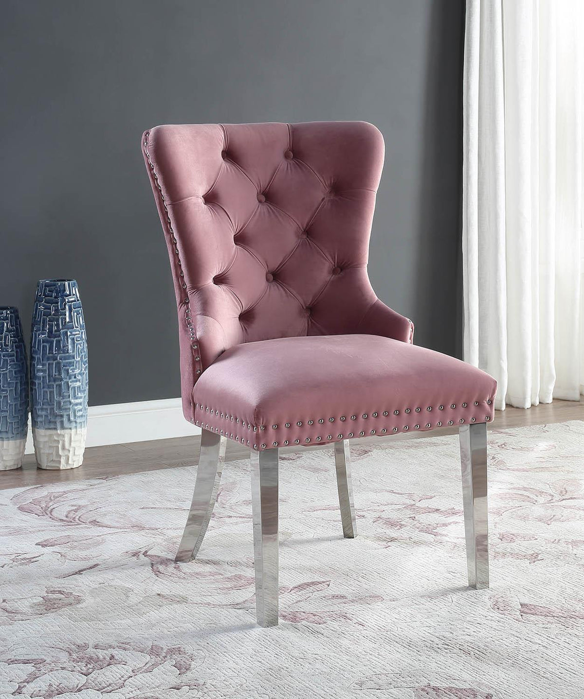 Pink Velvet Dining Side Chair with Chrome Legs