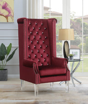 High Back Burgundy Velvet Wing Chair with Acrylic Legs