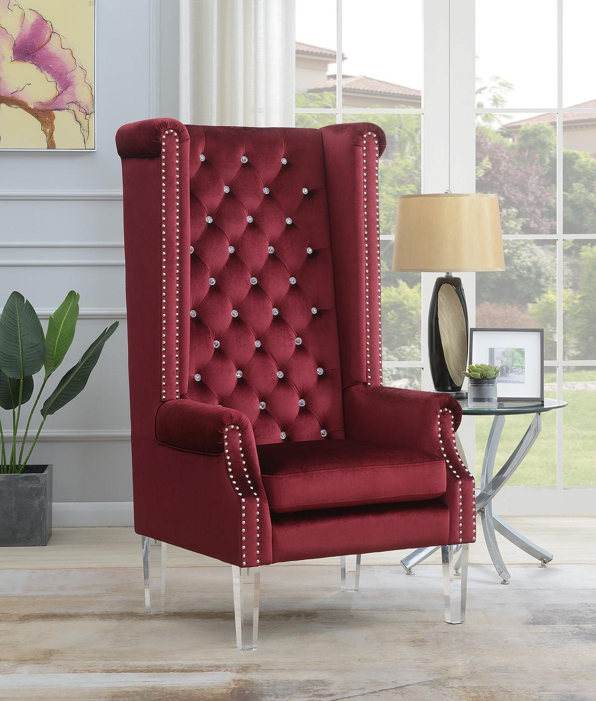 High Back Burgundy Velvet Wing Chair with Acrylic Legs