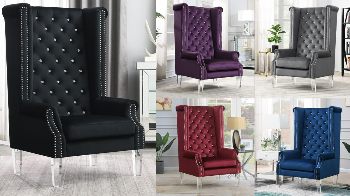 High Back Burgundy Velvet Wing Chair with Acrylic Legs