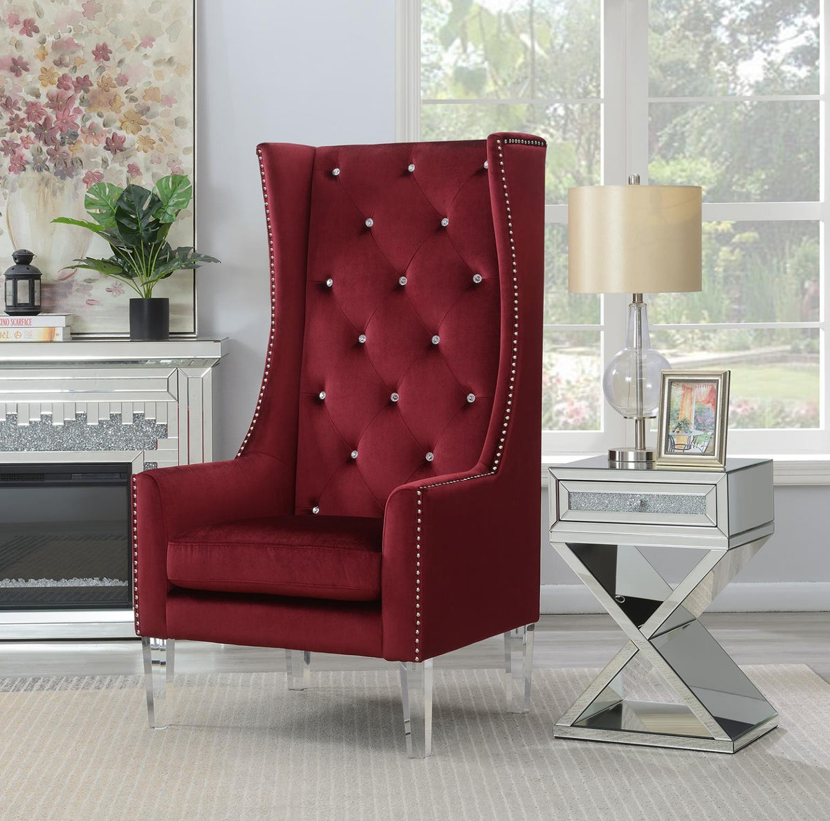 High Back Burgundy Velvet Wing Chair with Acrylic Legs