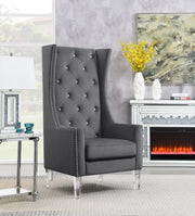 High Back Gray Velvet Wing Chair with Acrylic Legs