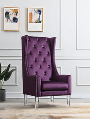 High Back Purple Velvet Wing Chair with Acrylic Legs