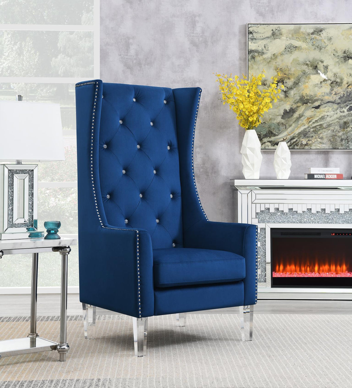 High Back Blue Velvet Wing Chair with Acrylic Legs