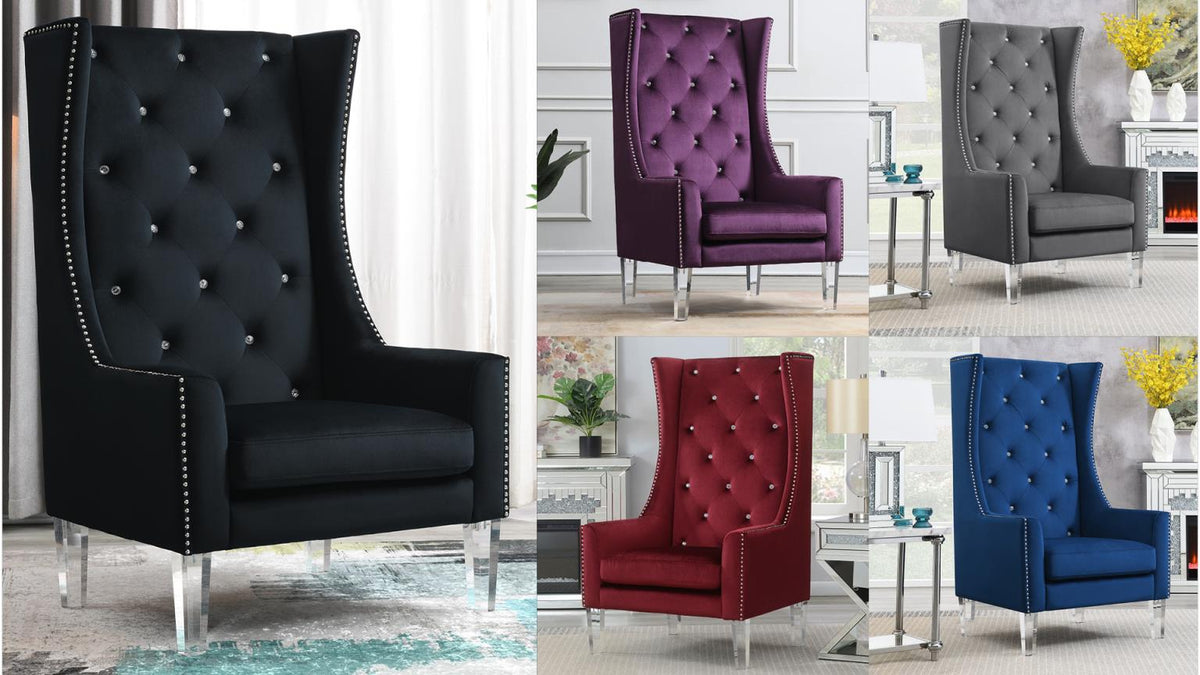 High Back Gray Velvet Wing Chair with Acrylic Legs