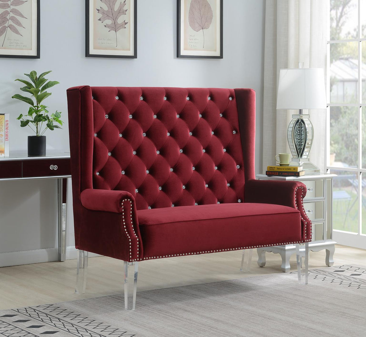 High Back Burgundy Velvet Wing Bench with Acrylic Legs
