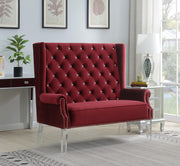 High Back Burgundy Velvet Wing Bench with Acrylic Legs