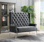 High Back Gray Velvet Wing Bench with Acrylic Legs