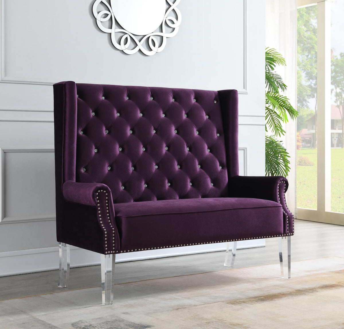 High Back Purple Velvet Wing Bench with Acrylic Legs