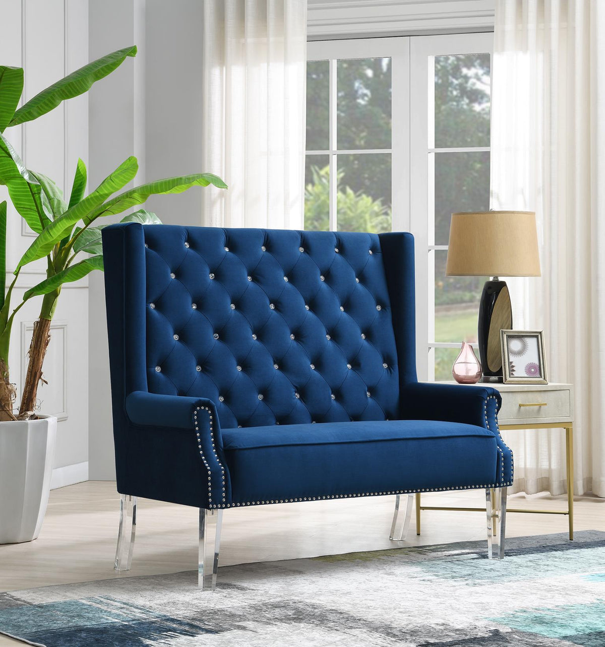 High Back Blue Velvet Wing Bench with Acrylic Legs