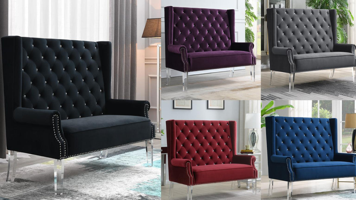 High Back Blue Velvet Wing Bench with Acrylic Legs