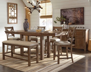 Moriville Counter Height Dining Table with 4 Barstools, Bench, and Server