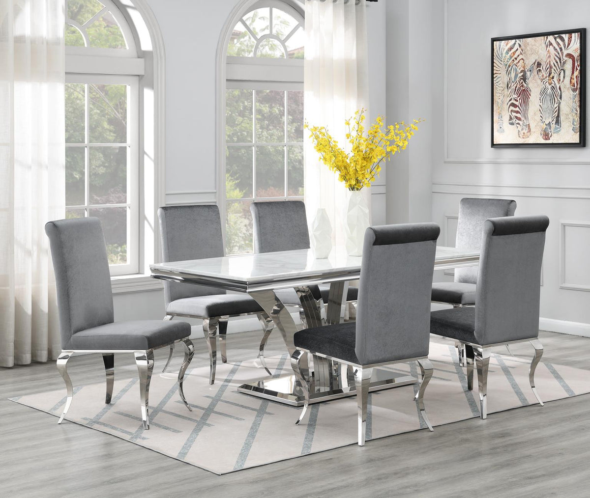 7-Piece Dining Set White Velvet Gry G083