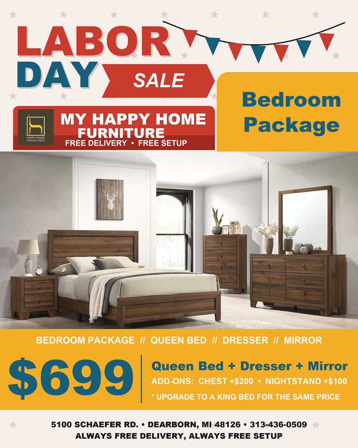 My Happy Home Furniture Labor Day Sale - Bedroom Package $699 queen bed, dresser and mirror