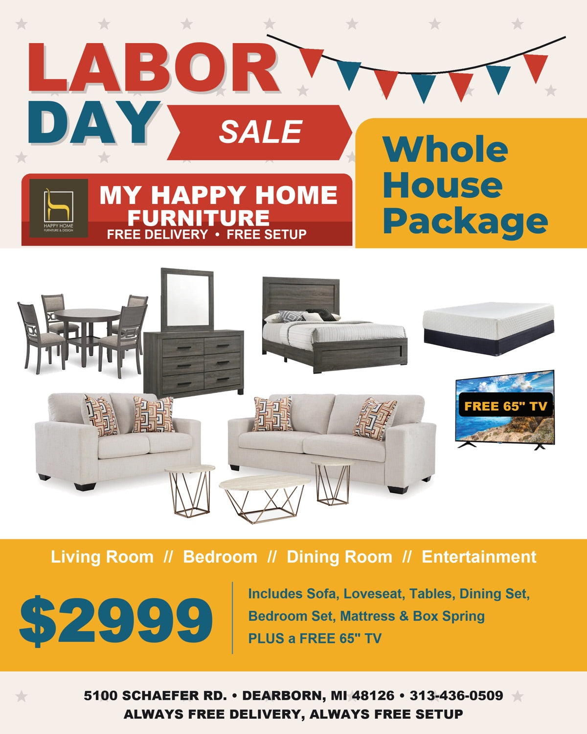 Labor Day Sale - Whole House Package $2999 with free 65 inch TV - My Happy Home Furniture